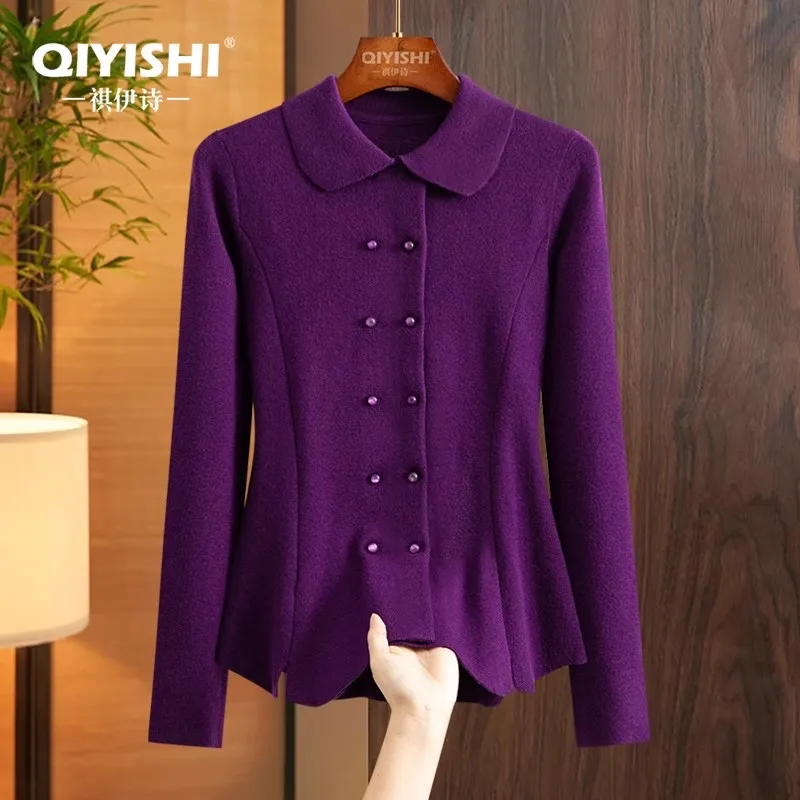 

Модный женский кардиган с воротником Питера Пэна, двубортный свитер с длинными рукавами, мягкие облегающие вязаные шерстяные свитера