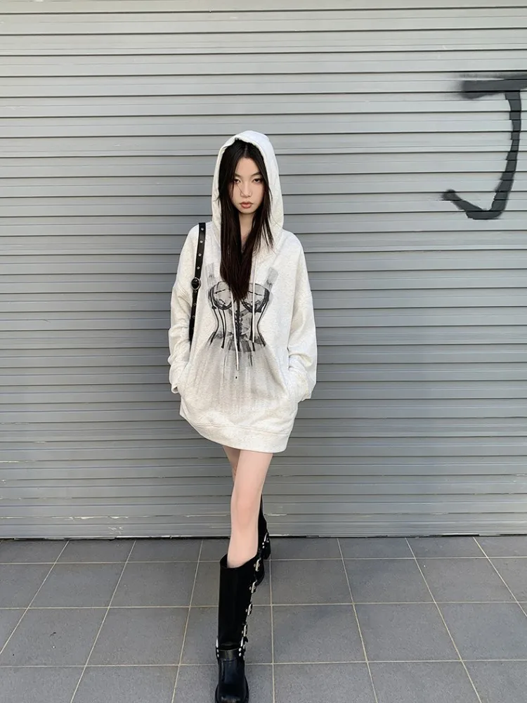 Flower Gray Hooded Sweatshirt For Women'S Spring And Autumn New Style Dance Skirt With Printed Design, Loose Shoulder Top
