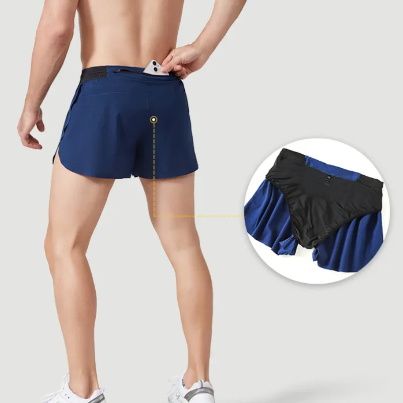 2 in 1 Marathon Running 3'' Shorts For Men Quick Dry Training Sports Men Gym Summer Lining Track And Field Shorts With Waist bag