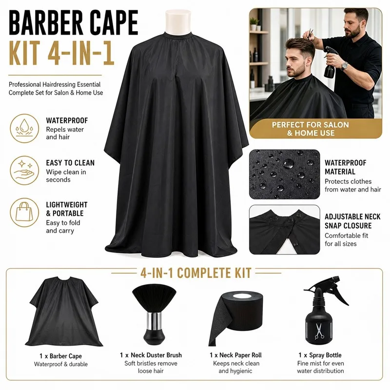 4Pcs Barber Cape Kit Waterproof Hair Neck with Neck Duster Brush Neck Paper Spray Bottle Salon Home Hairdressing Barber Tools