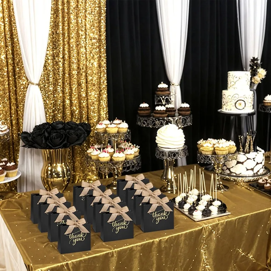 24 pçs obrigado sacos de presente 4.5x3.9x1.8 polegadas mini festa favor sacos preto caixas de deleite com fita arco para casamento nupcial bebê sho