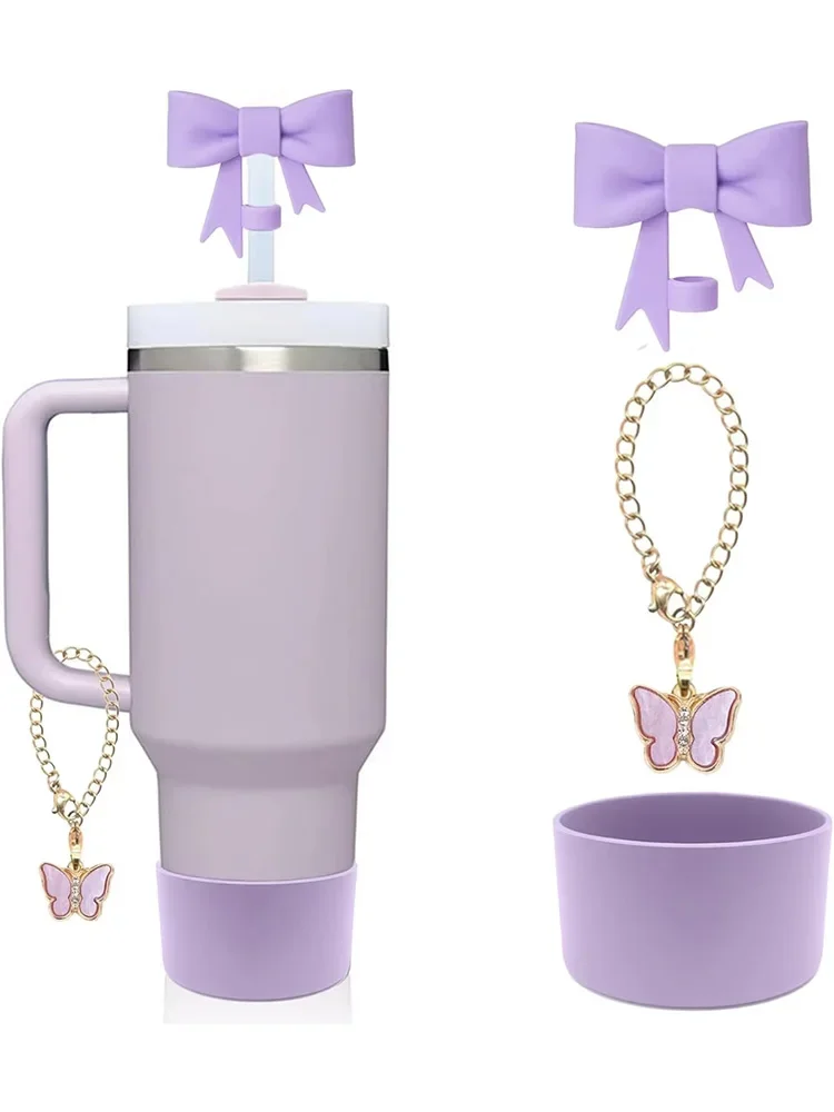 3pcs Pink Bow Straw Cover for Stanley Cup Silicone Topper Butterfly Chain Silicone Boot Cup Accessories Set for 30/40 OZ Tumbler