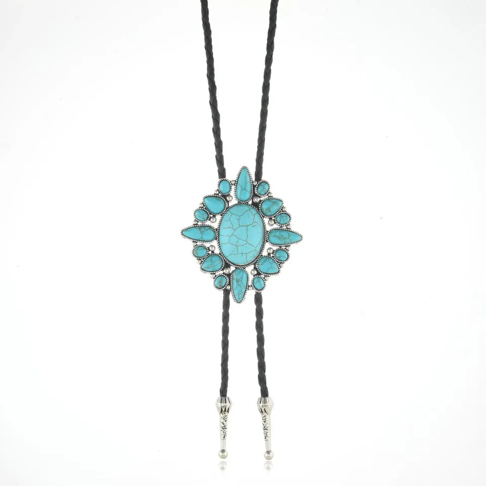 Retro Western Turquoise Bolo Tie Vintage Alloy Pendant Braided Leather Necklace Necktie for Men Women