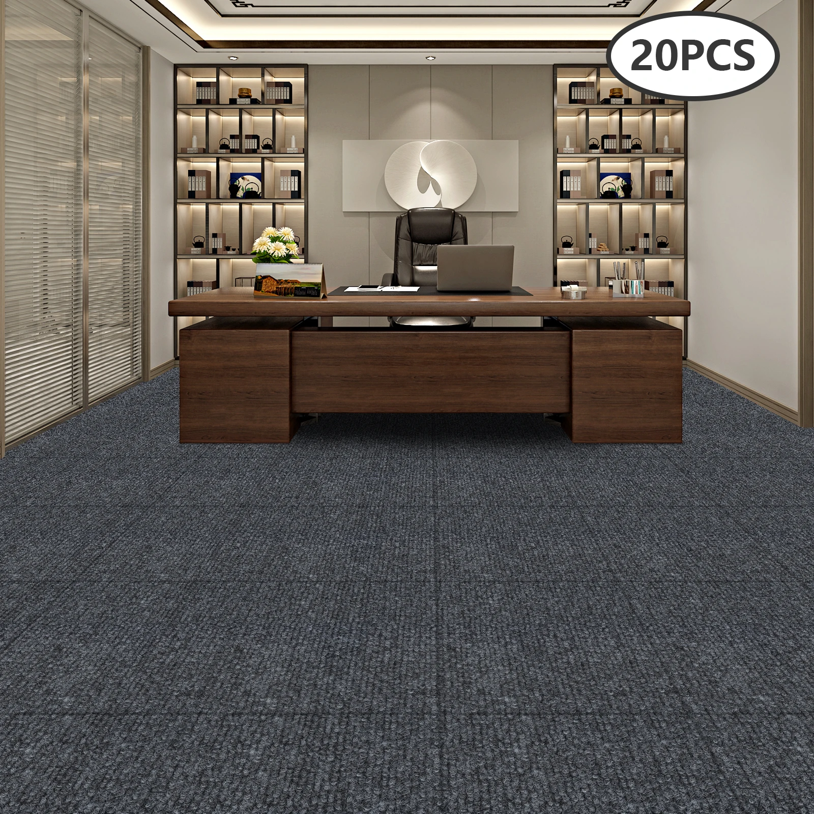 20 Pack Carpet Floor Stickers 20x20in, Self-Adhesive Removable Carpet Tiles with 5mm Thick Non-Slip Soundproof, DIY Free Combination for Living Room Bedroom (Dark Grey)