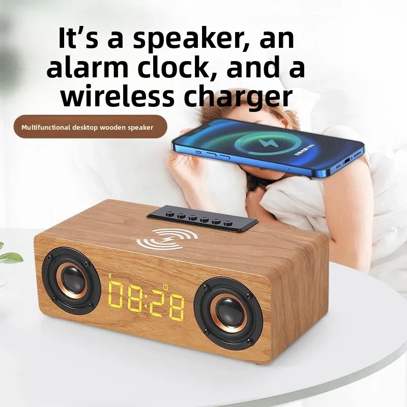 Retro Wooden Bluetooth Speaker K1 Multifunctional Alarm Clock Wireless Charger TF Card Audio Player.