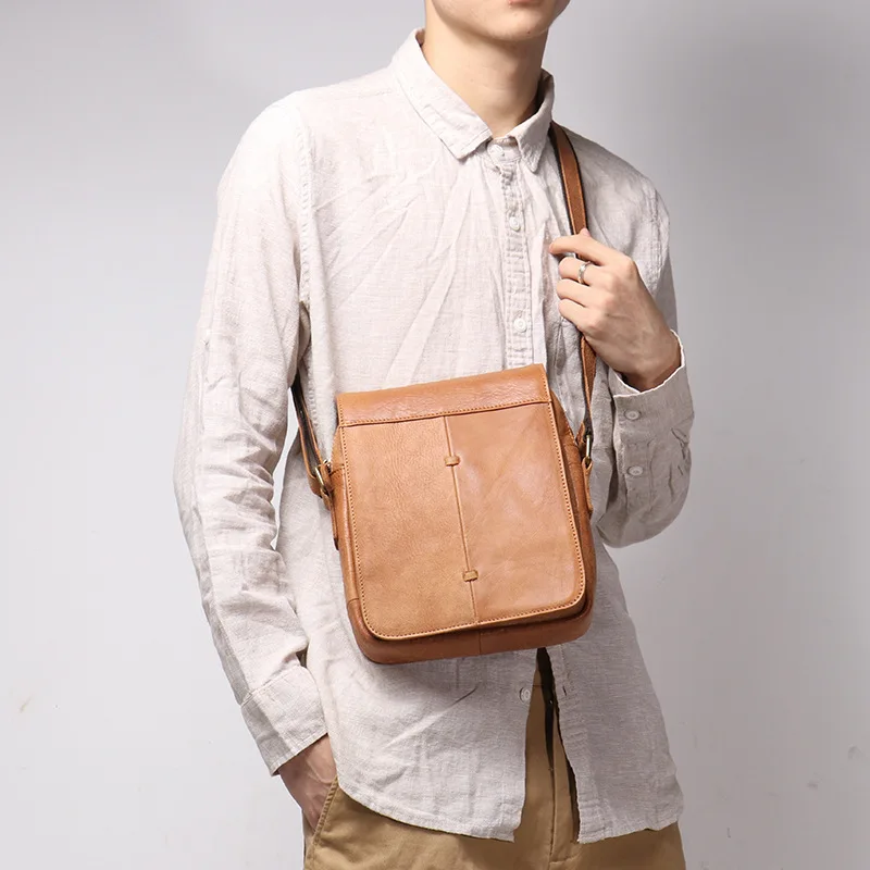 Hommes en cuir véritable Vintage simple épaule rabat couche supérieure peau de vache sacs à bandoulière Ipad sac latéral pour hommes sacoche homme