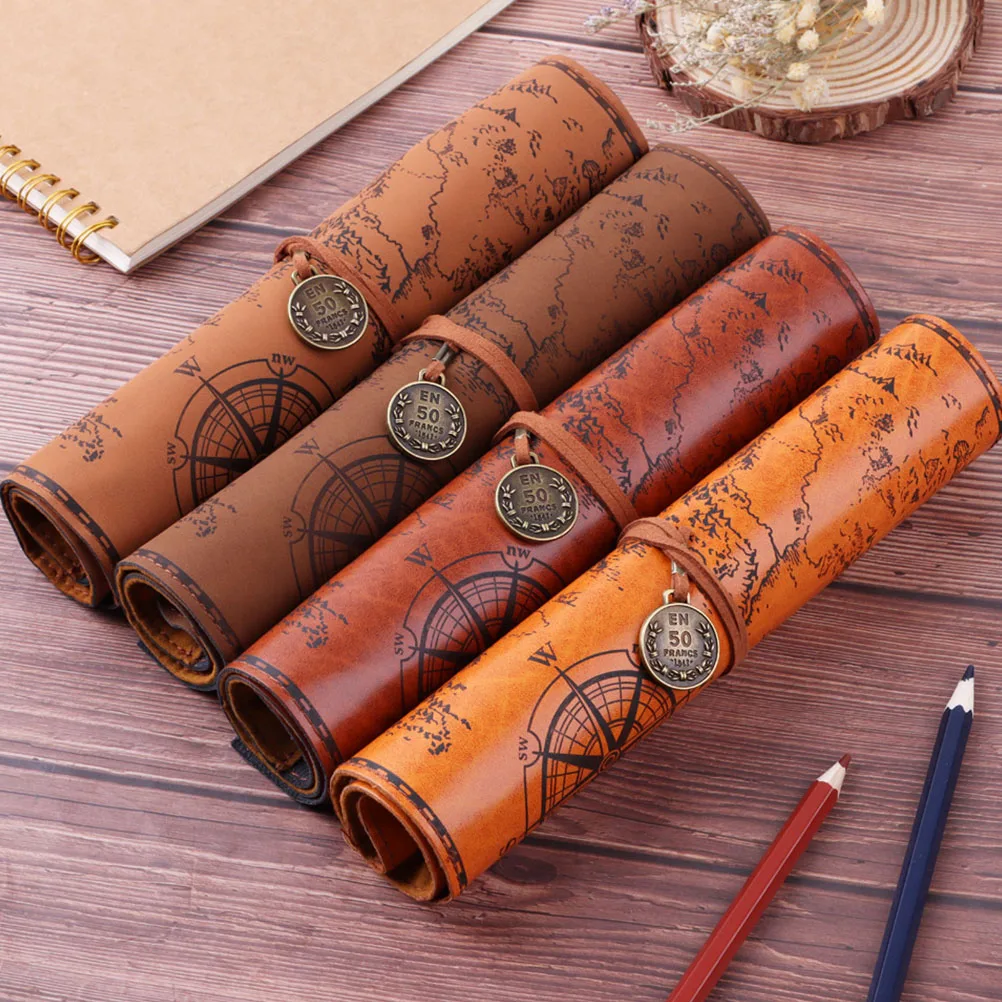 

2 Pcs Retro Pencil Bag High Capacity Pattern PU Case Stationery Roll Up Pen Holder Brown