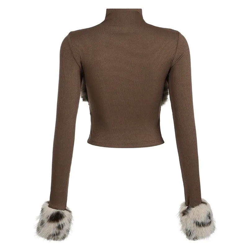 Autumn and Winter Temperament Splicing Leopard Print High Neck Long Sleeved T-shirt Slim Fit Short Style Slimming Bottom Top - Image 6