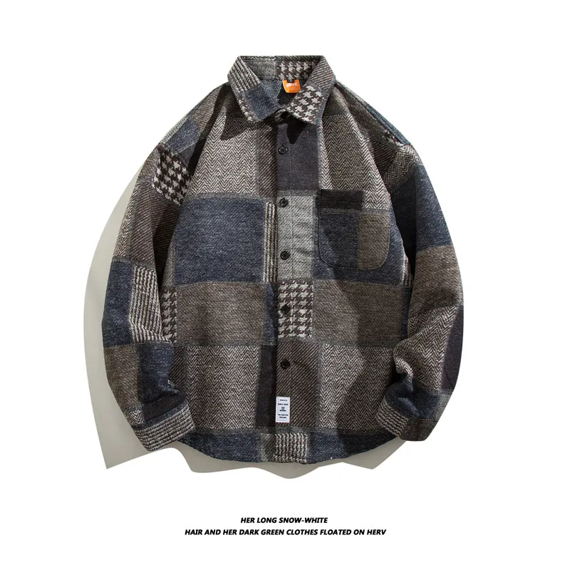 

Retro Japanese Style Plaid Long Sleeve Men's Casual Woolen Shirt Versatile Outerwear Cool Ins Trendy Loose Fit Youthful