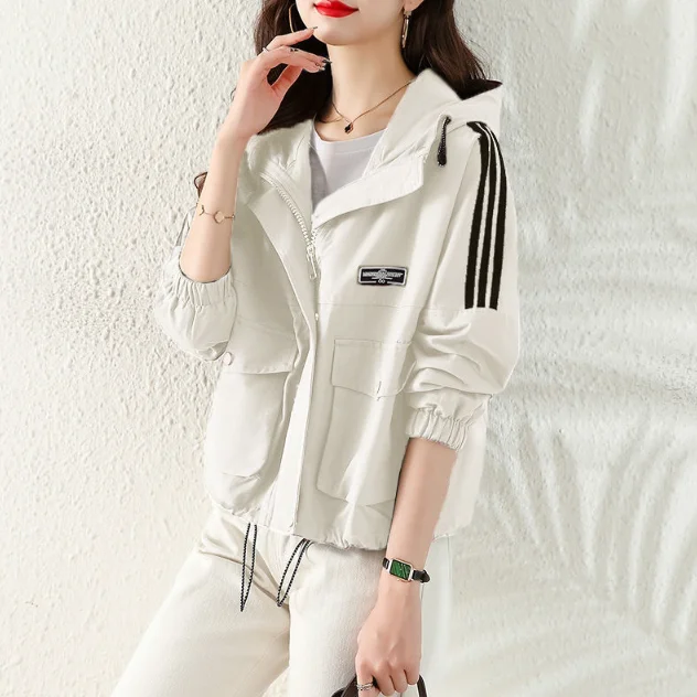 Women's Athletic Style Coat 2024 Autumn Winter Latest Hooded Workwear Short Jacket Open Front Cardigan Drawstring Striped Top