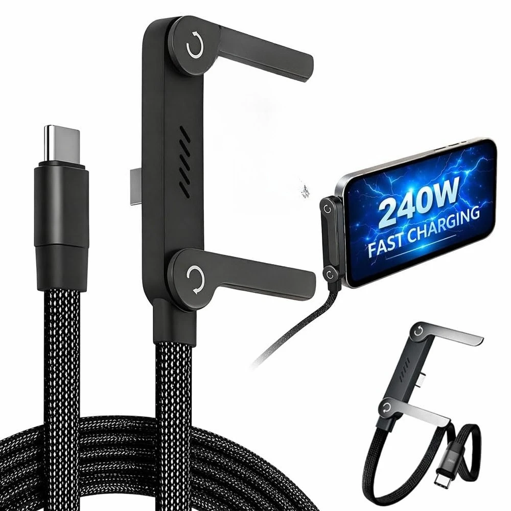 Multifunction USB Type C Cables 240W High-speed Quick Charging Wire with Folding Phone Stands for IPhone 17 16 15 Samsung Xiaomi