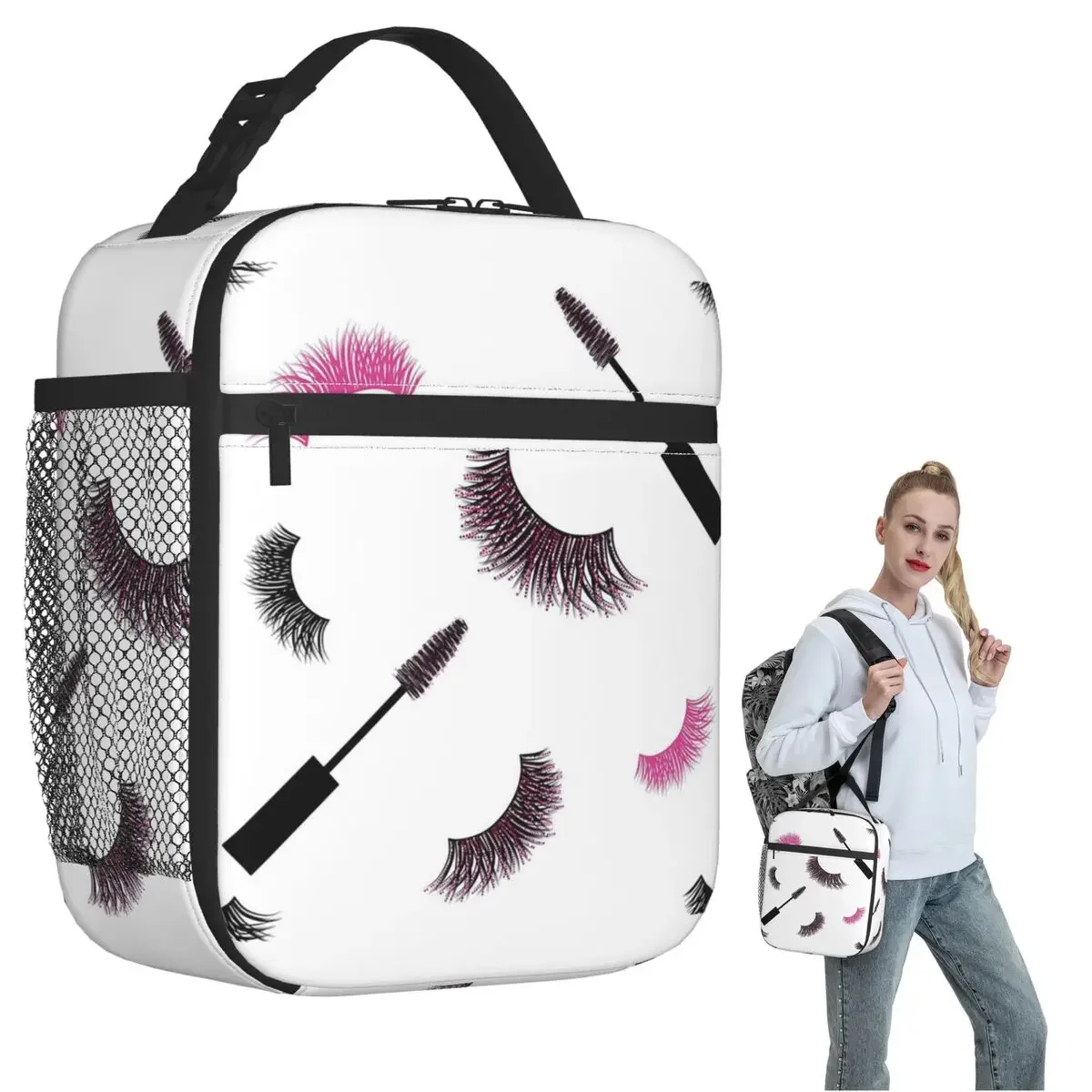 Lashes And Mascara With Pink Glitter Pattern Insulated Lunch Bag for Women Kids Leakproof Food Boxes Thermal Lunch Box Tote