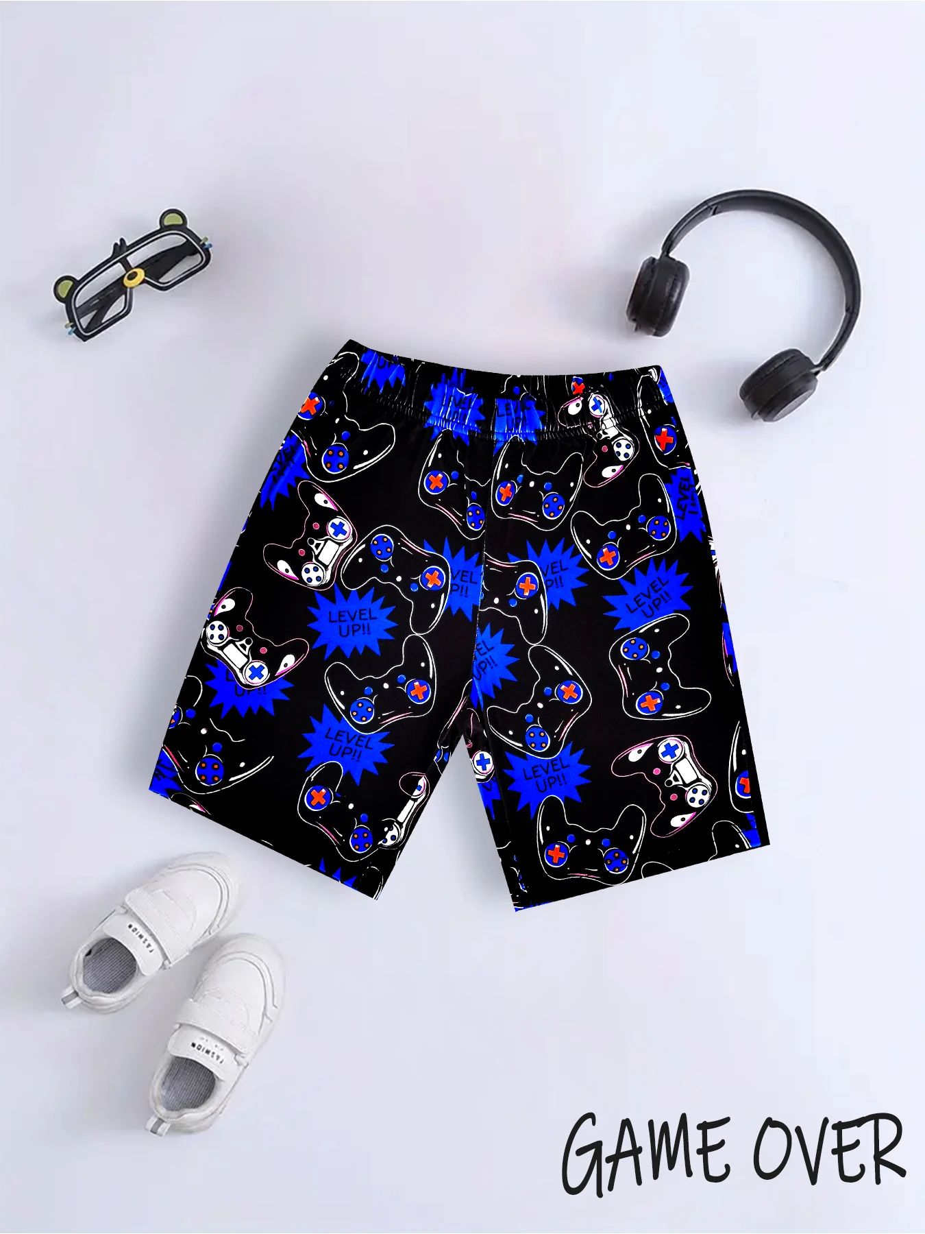 Cool Casual Loungewear Pijama Set para meninos, Gamepad Pattern Print, pulôver de manga curta, shorts Allover Print, pano legal, 2pcs