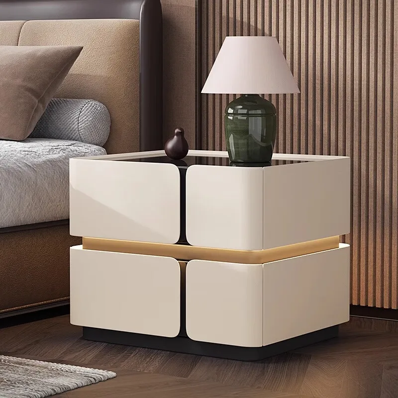 

Modern Smart Bedside Table with Wireless Charging and Sensor Light Tempered Glass Top Pine Wood Drawer 3-Color LED Nightstand