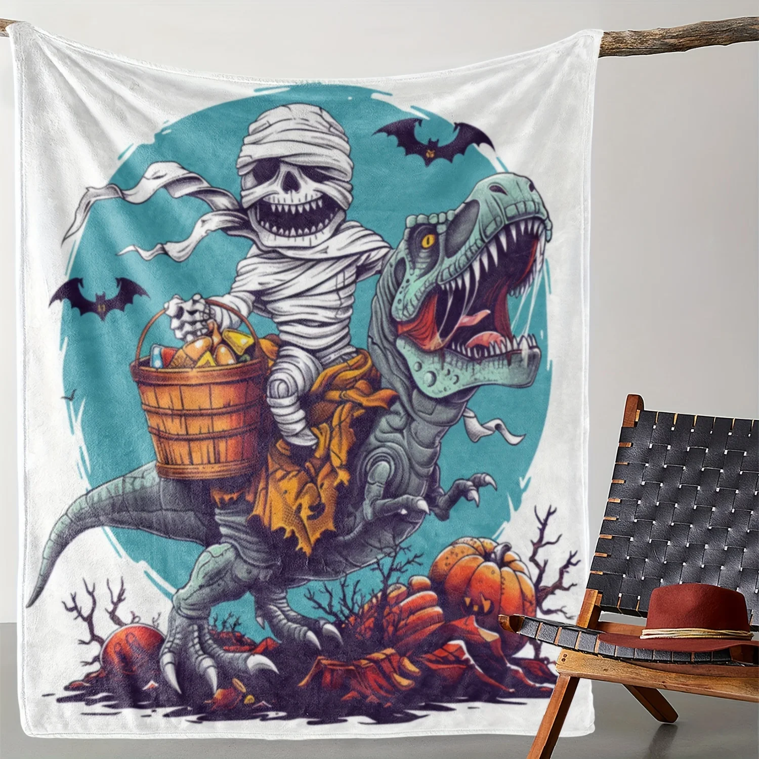 Spooky Skeleton Pirate on Dinosaur Halloween Costume Throw Blanket Scary Gothic Horror Decor