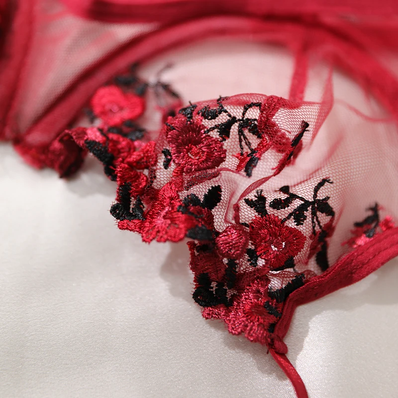 2024 New Wine Red Embroidery Floret Transparent Lingerie Woman Push Up Ventilate Underwear G-string Erotic Bra Set Sexy Outfits