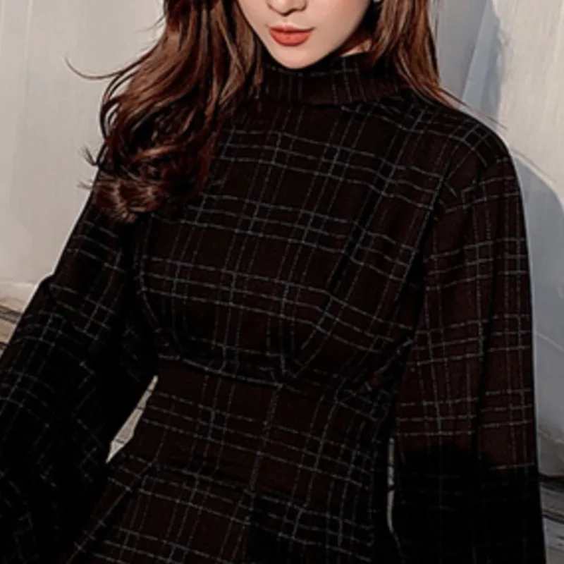 HKSH New Women Short Dress Long Sleeve Plaid Waist Cinching A-line Dark Style Elegant Trendy Y2K Vinatge Fashion Dresses HK10208