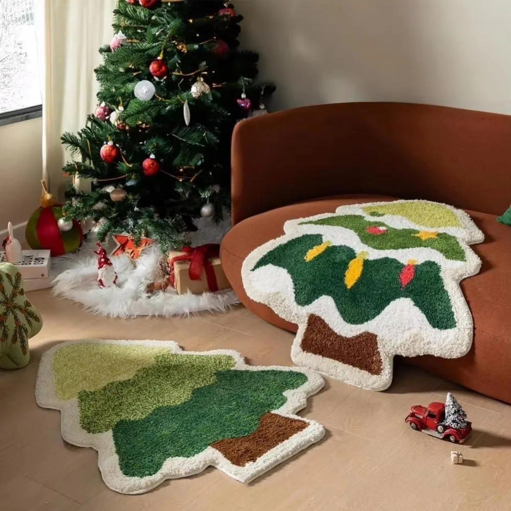 Xmas Tree Shape Christmas Carpet Small Plush Bedroom Rug Holiday Accessories Anti-Slip Backing Bed Side Carpets Home Decor