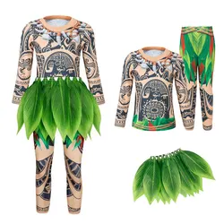 Halloween Moana Maui Tattoo Shirt Pants Suits Matching Cosplay Costumes With Leaves Decoration Skirt Cosplay Costume