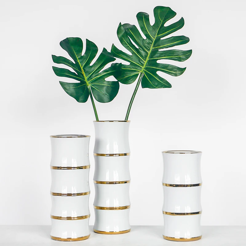 

simple white ceramic bamboo vase light luxury gold-plated edge flower arrangement decoration creative soft decoration