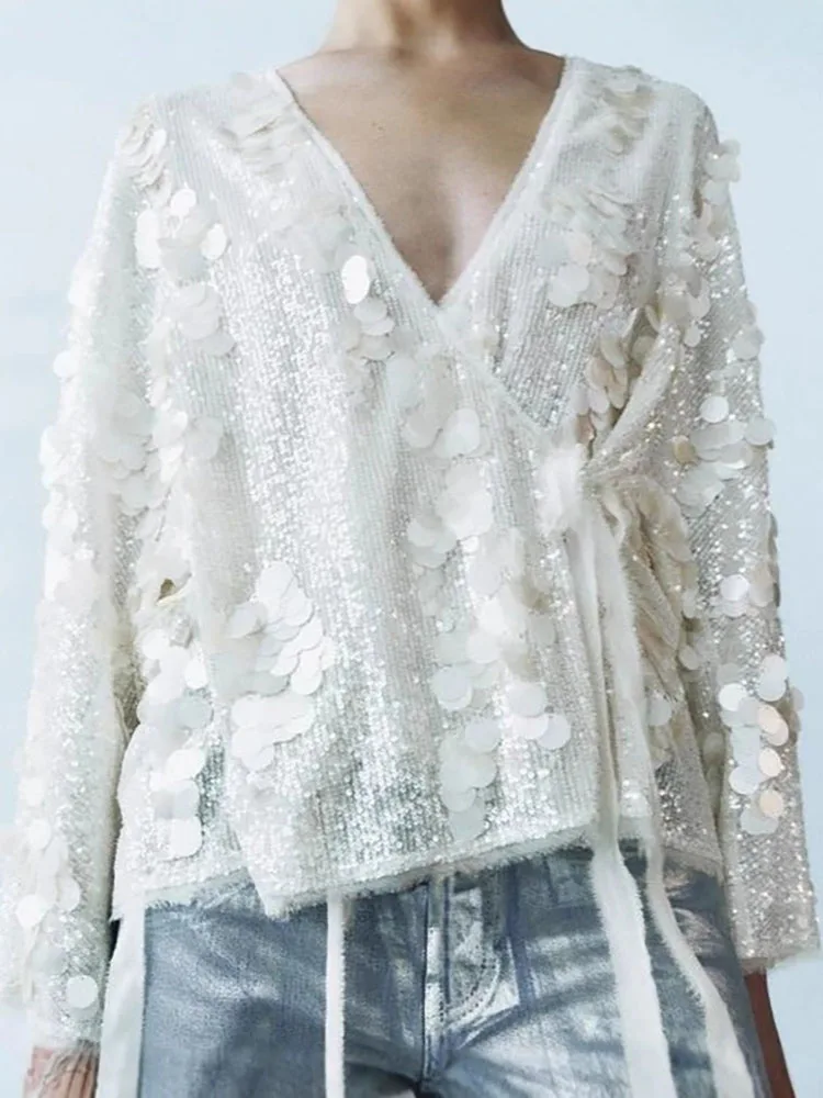 

Autumn New Long Sleeve Loose Commute Tops Elegant Women Glitter Simple Party Clothing Fashion V-neck Sequins Lace Up Cardigans