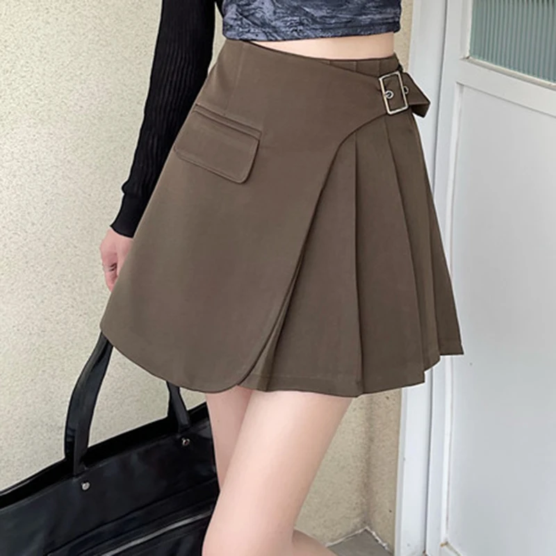 

Pleated Kilt Mini Skirt with Buckle Women's High Waist Asymmetrical Wrap Skirt Teen-girl Y2K Outfit