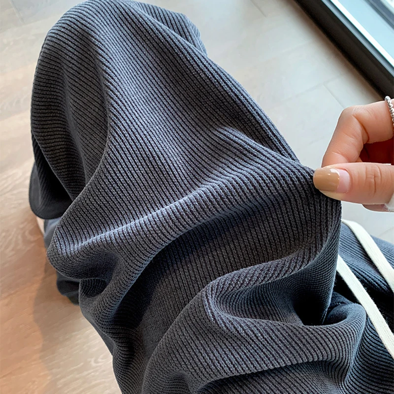 Losse Corduroy Wijde Pijpen Broek Vrouwen Herfst Winter Effen Kleur Hoge Taille Broek Vrouw Casual Trekkoord Gebreide Broek Vrouwelijke
