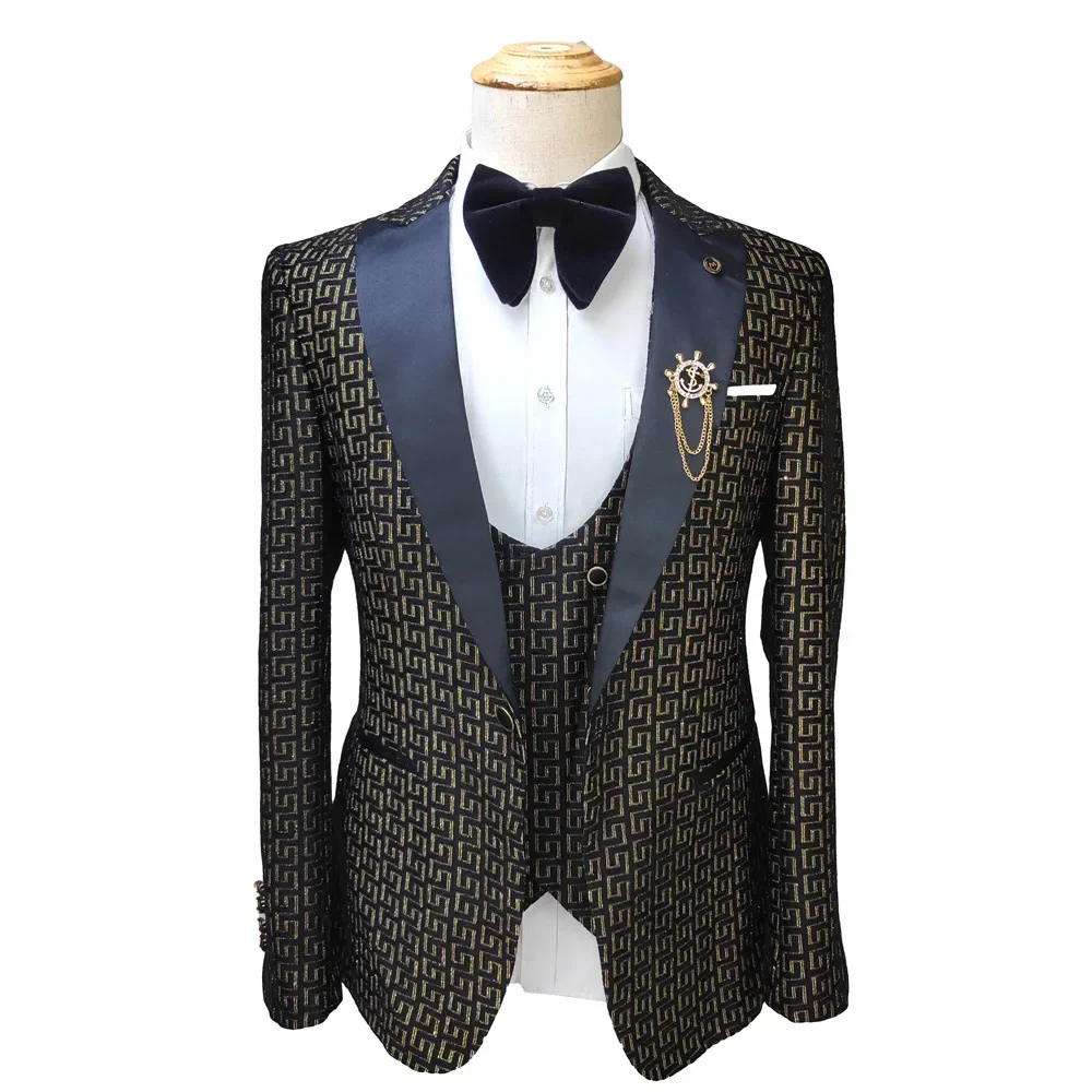 Black and White Men\'s Suit 3-piece Gold Palace Print Road Wedding Costume Men Clothing  Wedding Suits for Men