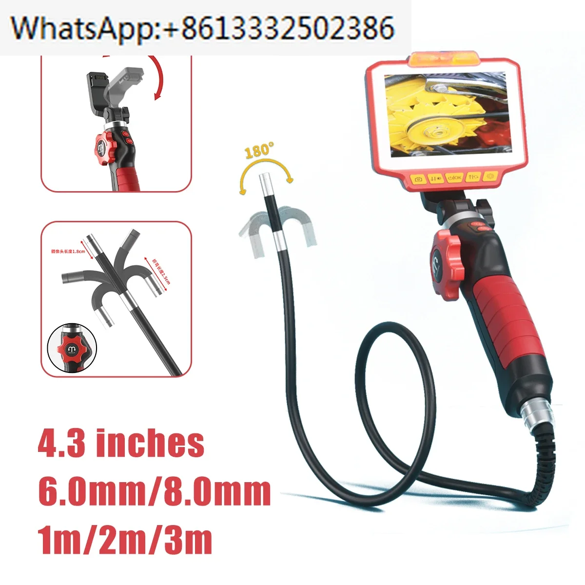 4.3 inches HD Display Handheld 6mm/8mm 360 ° Steering Endoscope with Screen Vehicle&Pipeline Detection Fire Protection&Security