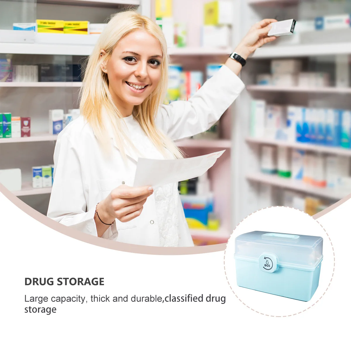 علبة طبية كبيرة، صندوق تخزين دواء محمول عالي السعة مع مقبض، مشبك قابل للدوران، منظم مقاوم للرطوبة