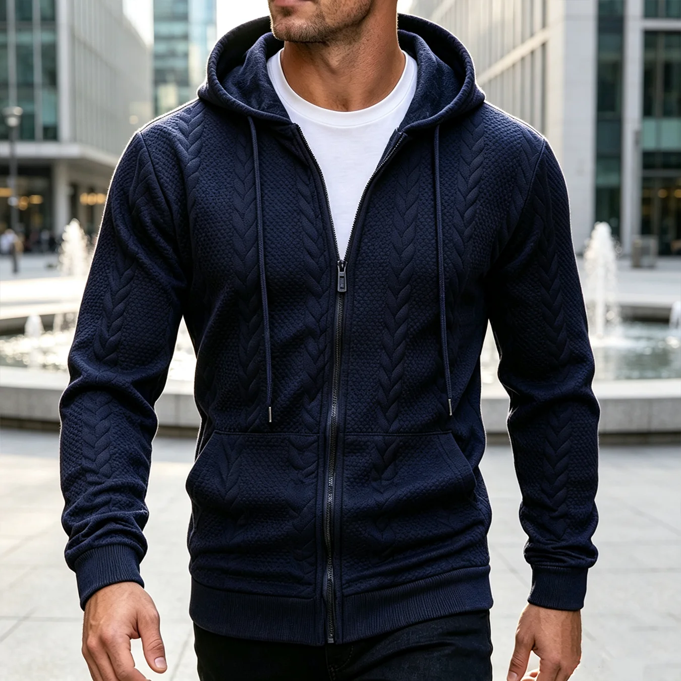 Men Cable Knit Texture Full Zip Hooded Sweatshirt Drawstring Hood Kangaroo Pocket Casual Daily Working Outfit