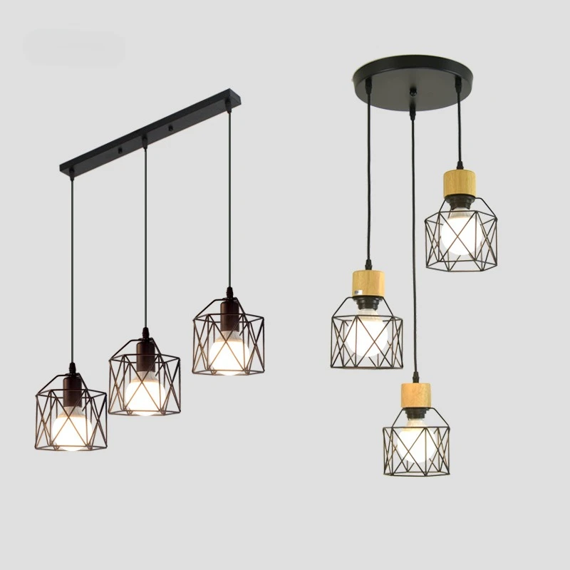 Simple Wind Retro Wrought Iron Chandelier Small Hexagonal Wood Art Restaurant Lights Three-head Iron Wire Lamp