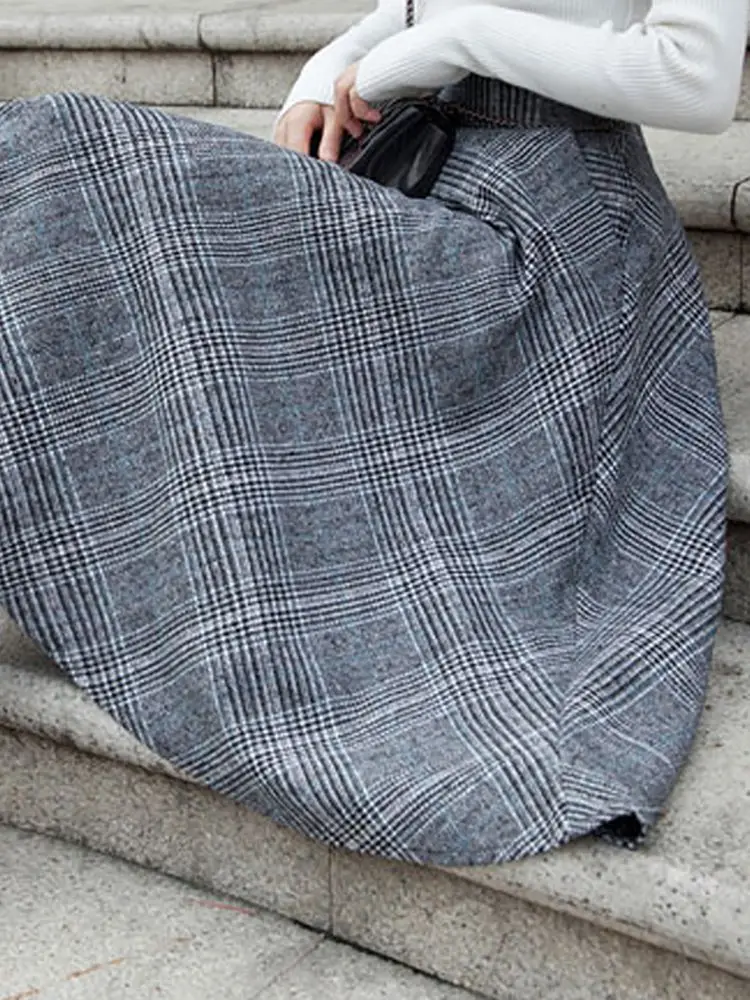 England Style Grey Plaid skirt High Waist Midi Skirts Woolen A Line Pleated Winter Women Tartan Skirts S-5XL