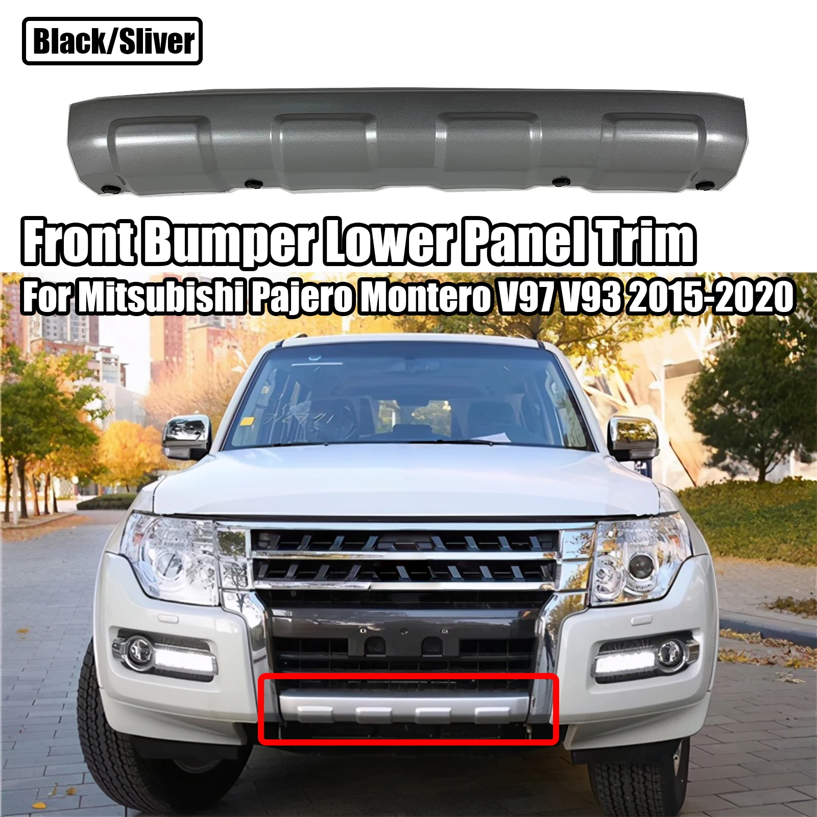 

For V97 V93 Mitsubishi Pajero Montero 2015-2020 Car Front Bumper Lower Panel Trim Cover with 4 Buckles Black Sliver