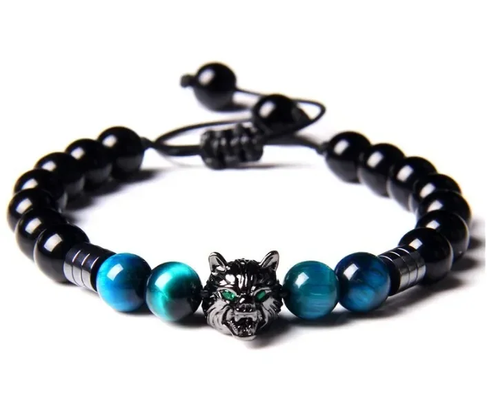 Viking Wolf Head Bracelet Anti Anxiety Energy Stone Beaded Bracelet for Men Healing Crystal Stress Relief Charm Wolf Bracelet