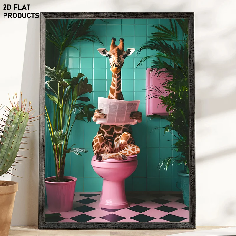 1pc, 2D Flat, Multi-Size Frameless Canvas Art, Giraffe Sitting on Pink Toilet Reading Newspaper with Teal Tile Wall and Black