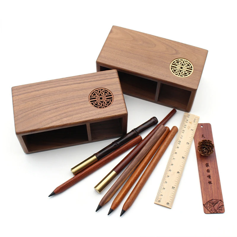 Office Accessories Hollow Carved Solid Wood Pen Holder Walnut Pencil Organizer for Desk