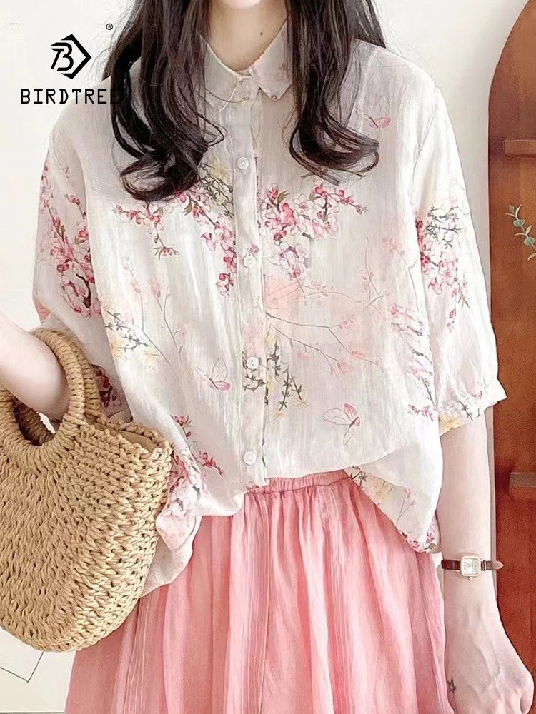 New Summer Cotton Linen Half Sleeve Shirt Lapel Printed Tops Mori Girl Casual Loose Commute Retro Blouse 2024 Autumn T46748QC