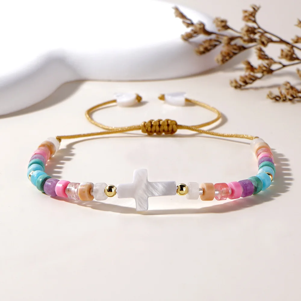 1PC Bohemian style women's bracelet with shell cross color natural stone bead bracelet and Easter card
