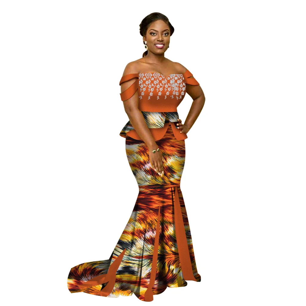 Summer Africa Style Two Piece Skirt Set Dashiki Elegant Africa Clothing Sexy Crop Top and Skirt Women Sets for Wedding WY3226