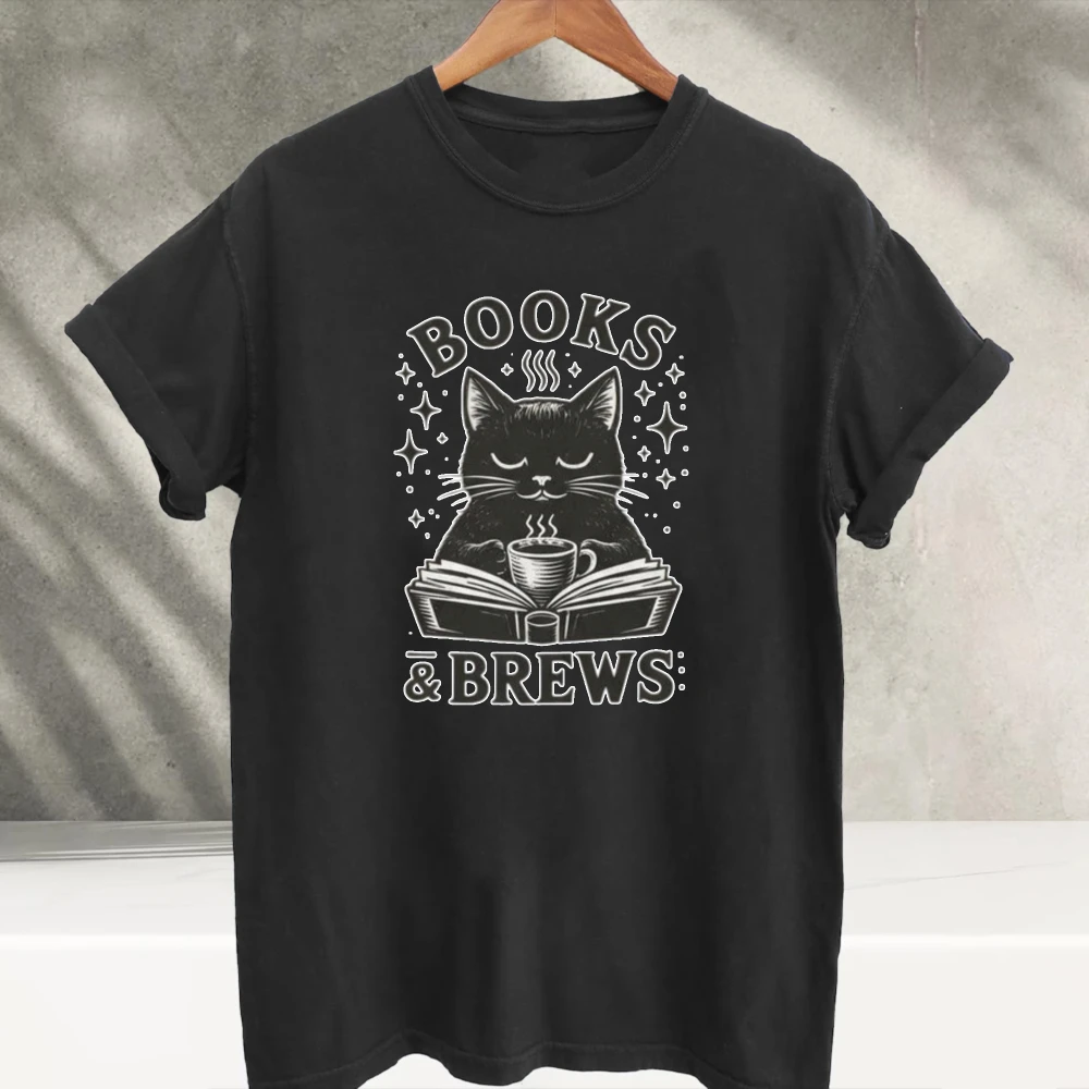 Books & Brews Cute Black Cat Reading Book Coffee Graphic T Shirt Men Book Lover Vintage Star Print Casual Cotton Streetwear Tees