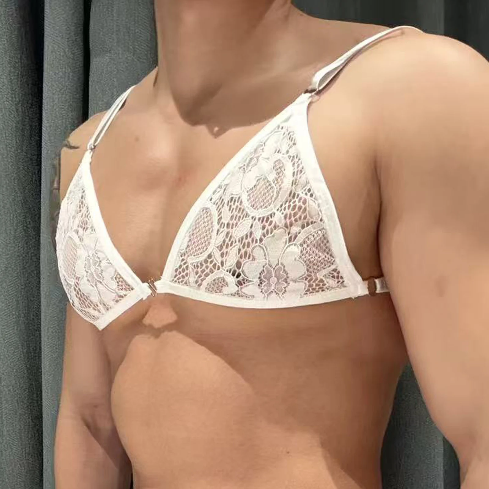 Sexy Men Erotic Lace Bra Man Crossdresser Sissy Lingerie Spaghetti Straps Adjustable Wire-free Unlined Tops Transparent