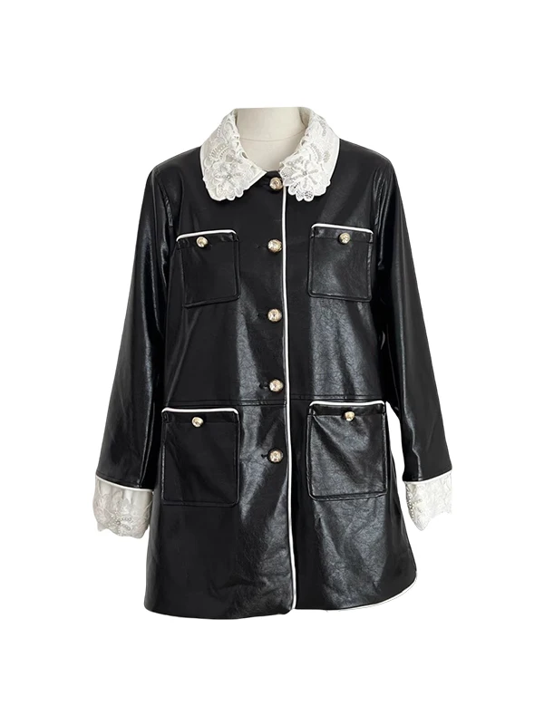 Cappotto in pelle PU ecologico Jaet da donna vintage Sle di media lunghezza con colletto in pizzo Design fatto a mano Colore Bla Calore fornito