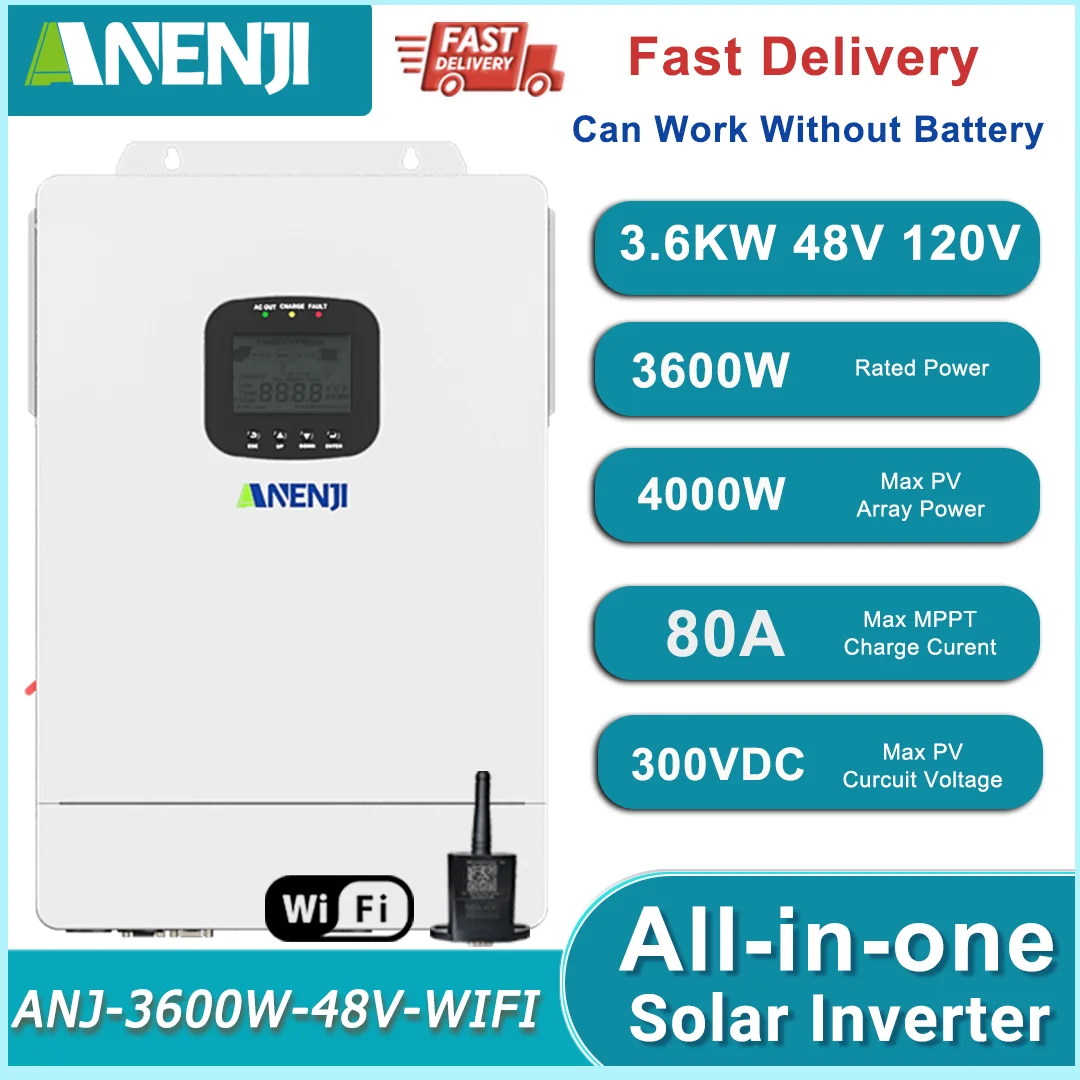 3.6KW 48V DC to 110V/120V AC On/Off-Grid Hybrid Inverter 80A MPPT Solar Charge Controller with WiFi Fit LiFePo4 Battery