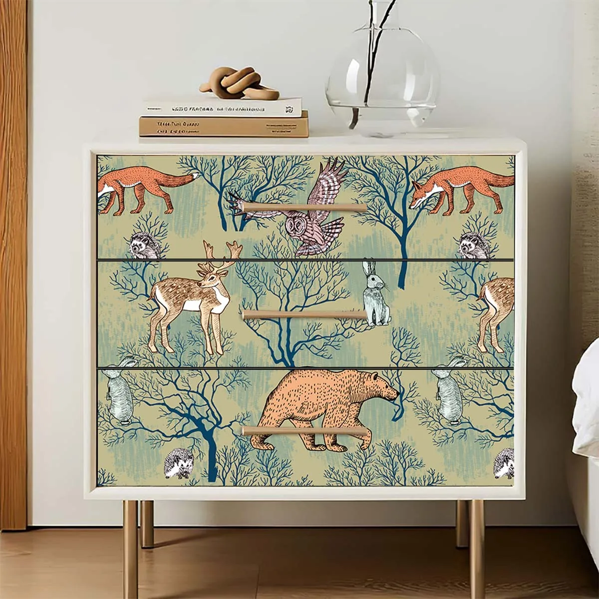 مخصص PVC ورق حائط ذاتي اللصق مع الدب الثعلب الغابات الحلزون الحيوان ملصقات جدار الزخرفية المدعومة الفن خلفية