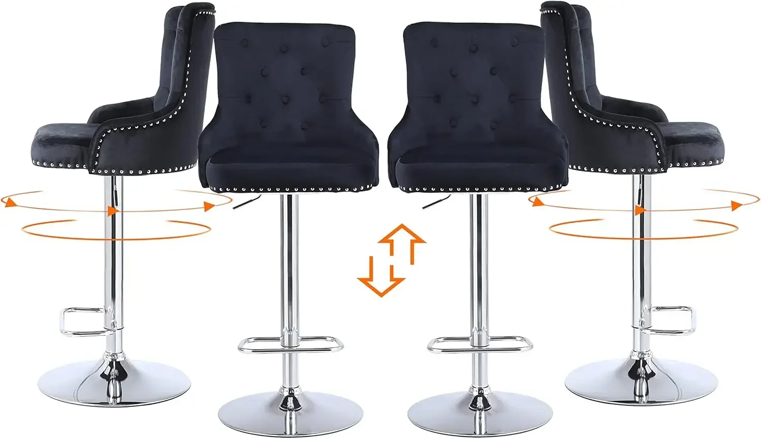

Kitchen High Bar Stool Set of 4 Black Barstool Chairs Adjustable Height Counter Bar Chairs Velvet Swivel Bar Chairs