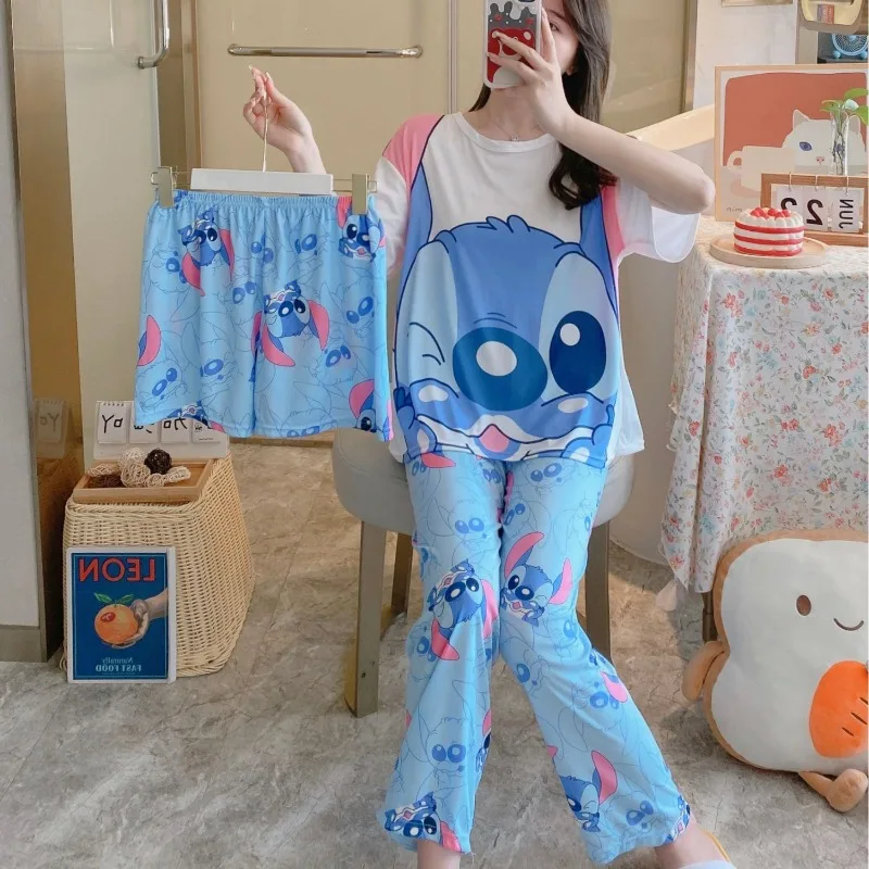 بدلة بيجامة ديزني ليلو وستيتش مكونة من ثلاث قطع وإكسسوارات شخصيات كرتونية بدلة بيجامة منزلية مريحة للفتيات كاواي