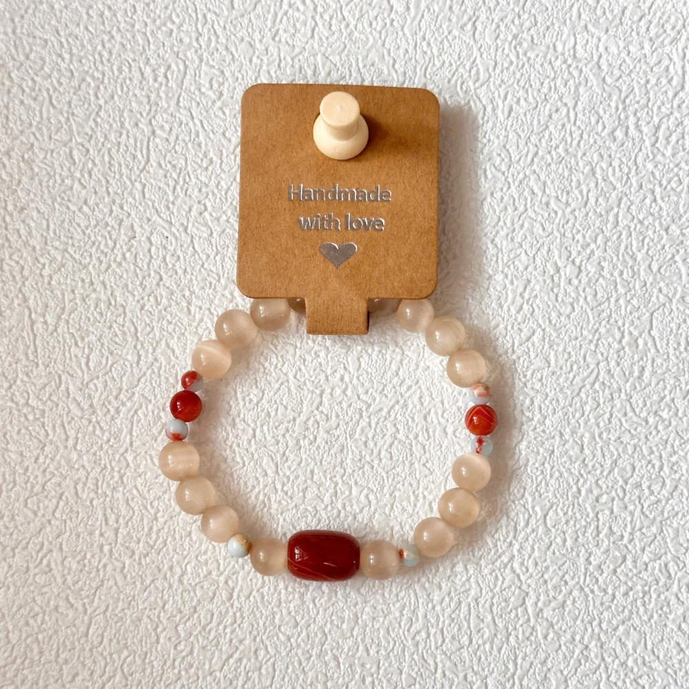 Vintage Chinese Style Beaded Bracelet for Women, Cat Eye&Red Agate Elastic Stackable Bracelet, Niche Delicate Hand Jewelry Gift