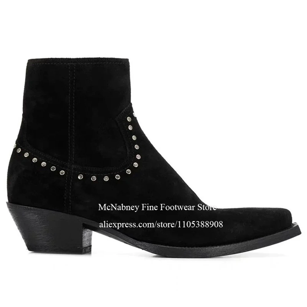 

Suede Silver Studded Men Chelsea Boots Pointed Toe Chunky Heel Casual Formal Shoes Alpha Male Gentleman Style Shoes Plus Size