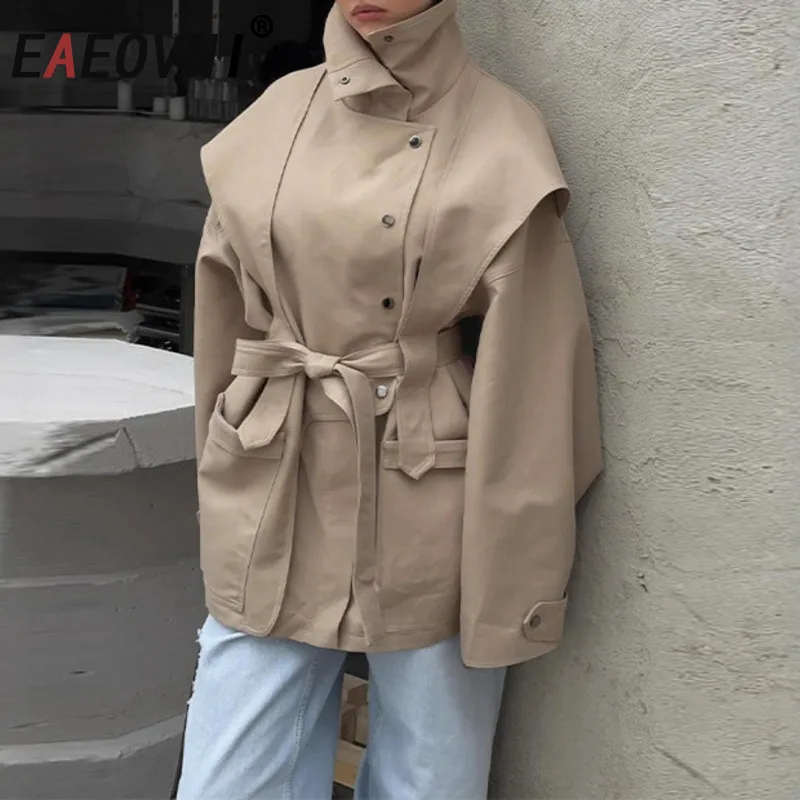 

EAEOVNI Autumn Khaki Trench Coat Women Fashion Stand Collar Button Long Sleeve Belt Gathered Waist Jacket Office Lady Clothing